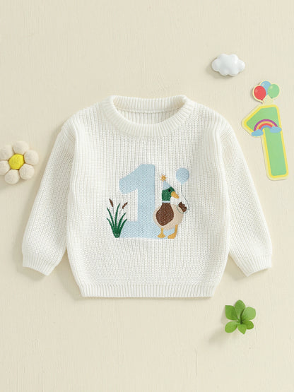 Baby Boy Birthday Sweater Casual Duck Letter Embroidery Infant Pullover Knitwear for Toddler Warm Clothes
