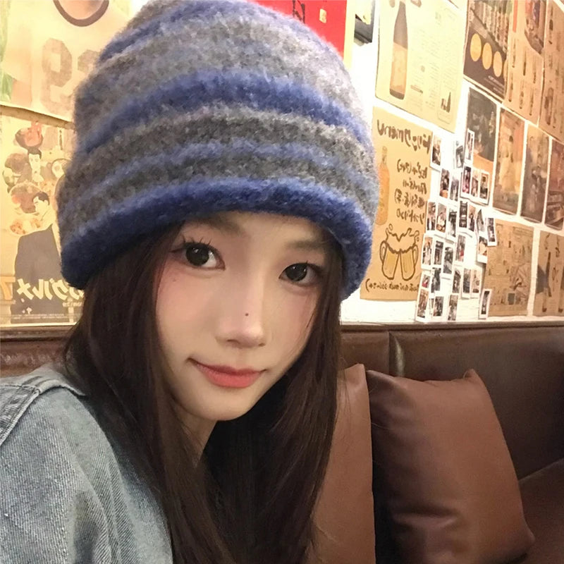 Striped Knitted Beanies Hats For Women&Men Winter Plush Warm Skullies Hat Unisex Outdoor Coldproof Ski Ear Protection Caps Gorro