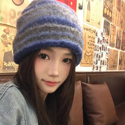 Striped Knitted Beanies Hats For Women&Men Winter Plush Warm Skullies Hat Unisex Outdoor Coldproof Ski Ear Protection Caps Gorro