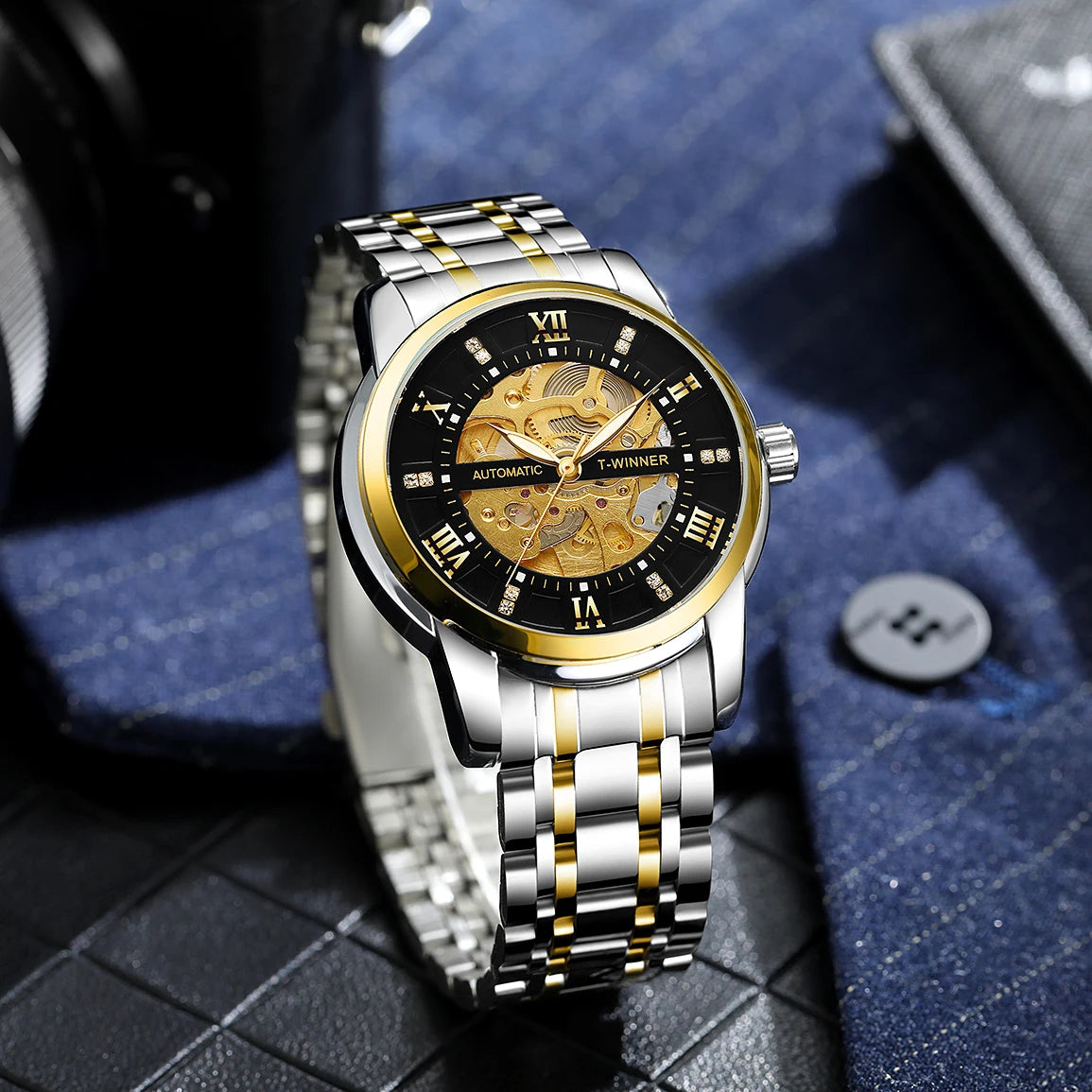Fashion Skeleton Watch for Men Luminous Hands Iced Out Dial Stainless Steel Strap Business Classic Automatic Mechanical Watches