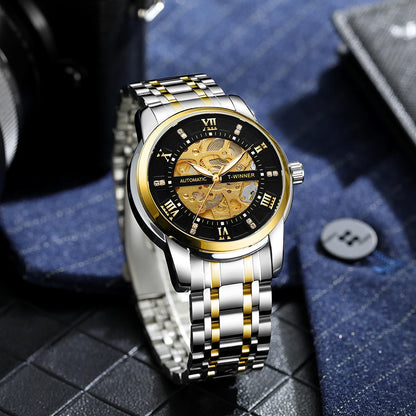 Fashion Skeleton Watch for Men Luminous Hands Iced Out Dial Stainless Steel Strap Business Classic Automatic Mechanical Watches