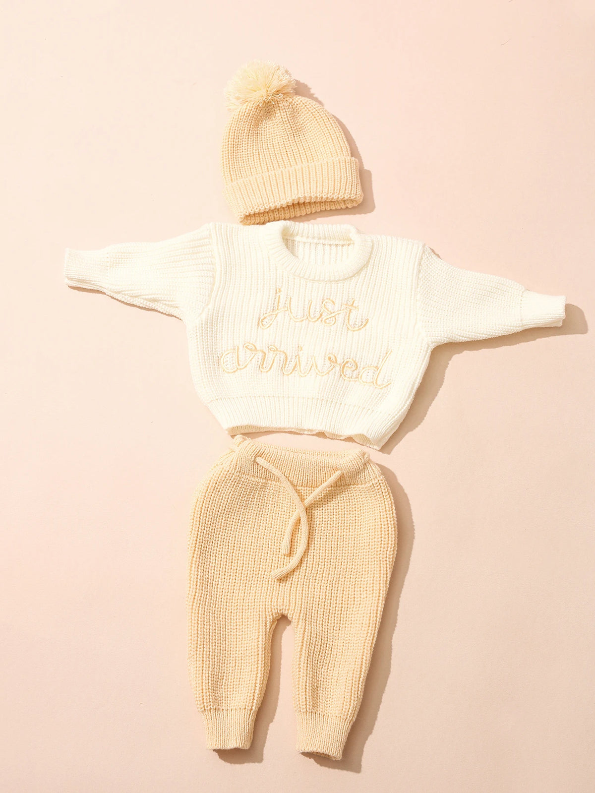 Ylsteed 3 Pcs Set Knitting Newborn Boy Photography Clothes "Just Arrived" Embroidery Khaki Baby Outfits Sweater Baby Shower Gift