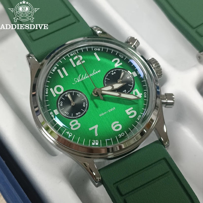 ADDIESDIVE New 2025 Chronograph 38mm Men's Watches VK64 Quartz Wristwatch Luminous Bubble Mirror 10Bar Waterproof Steel Watch