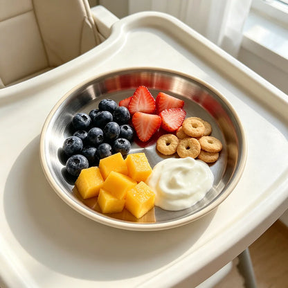 Simple design Stainless Steel Baby Plate with Silicone Suction,  Large Double Layer Dinner Plate for Toddlers