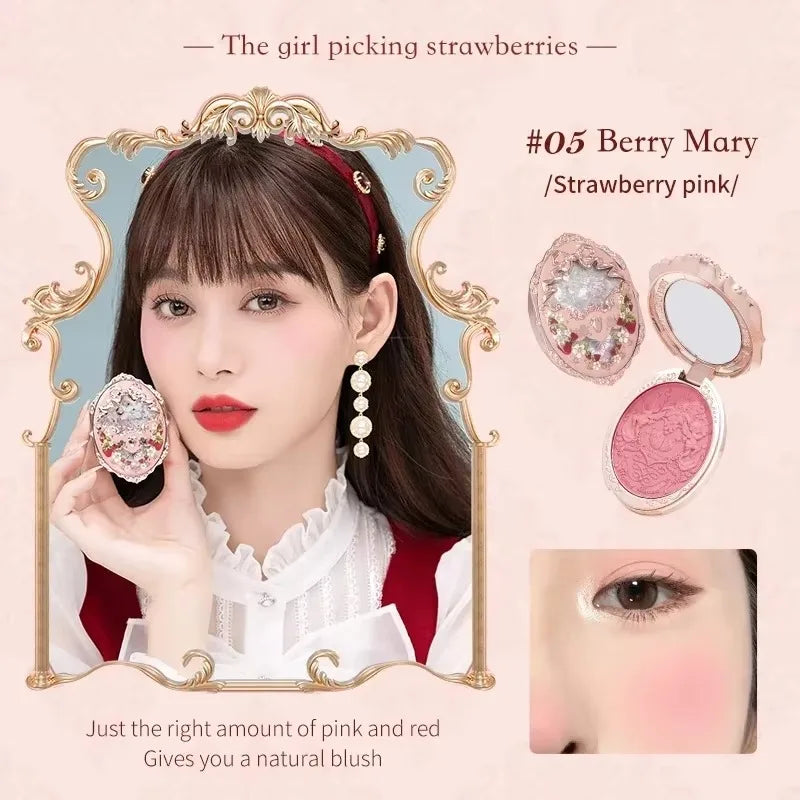 Flower Knows Strawberry Rococo Embossed Blush Fine Powder Makeup Smooth Long Lasting Blusher Waterproof Blush Maquiagem