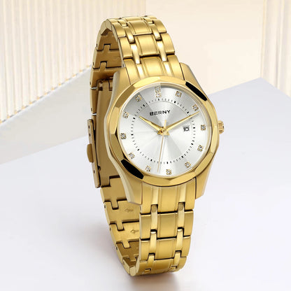 BERNY Golden Watch for Women Quartz Luxury Diamond Shape Lens Ladies Wristwatch Waterproof Stainless Steel Fashion Women Watch