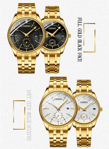 CHENXI Luxury Brand Casual Couple Watch Golden Stainless Steel Quartz Watch for Men's and Women's Waterproof Luminous Wristwatch