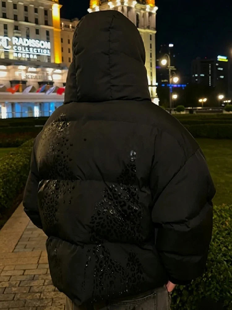 Casual Leopard Pattern Hooded Padded Coat Waterproof Fabric Zipper Long Sleeve Black Jacket Autumn Winter New Fashion Outerwear