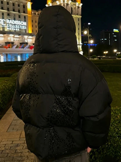 Casual Leopard Pattern Hooded Padded Coat Waterproof Fabric Zipper Long Sleeve Black Jacket Autumn Winter New Fashion Outerwear