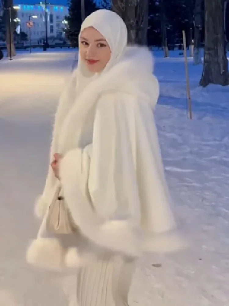 Women Luxury Furry Trim Hooded Cape Coat Warm Loose White Shawl Cloak Winter Fashion Evening Party Festival Elegant Lady Outfit
