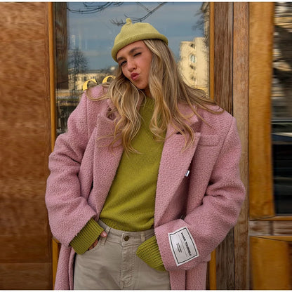 Women Olive Green Oversized Coat Notched Lapel Double Breasted Straight Outerwear Vintage Fall Winter Daily 2026 Office Outfit