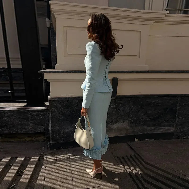 Casual Solid Woolen Top Pants Set Women Puff Full Sleeve Closed Waist Blouse Straight Trousers Sets 2026 Autumn Winter Lady Suit