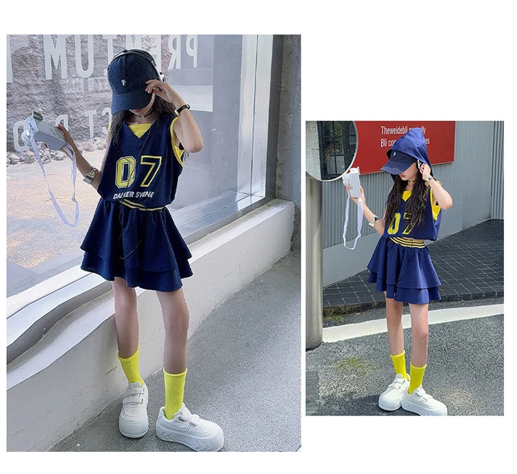 Girls Clothes Set Kids Two Pieces Suits Child Sporty Style Tee+Shorts Sets Tween Girls Clothes Set With Number Design Size 4-14Y