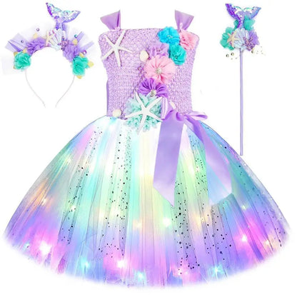 Girls' LED Flashing Mermaid Performance Clothing, Kids' Birthday Beauty Outfit, Fish-Tail Floral Mermaid Princess Tulle Dress