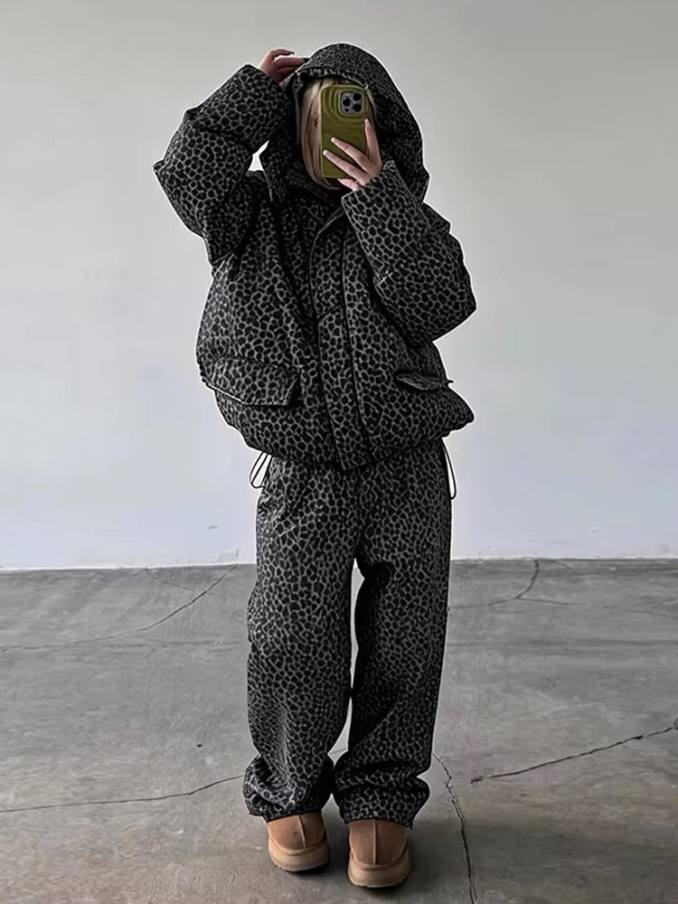 Stripe Women's Padded Cotton Coats Pant Suit Hooded Zipper Puffer Coat Loose Thick Pants 2026 Fashion Lady Autumn Winter Ski Set