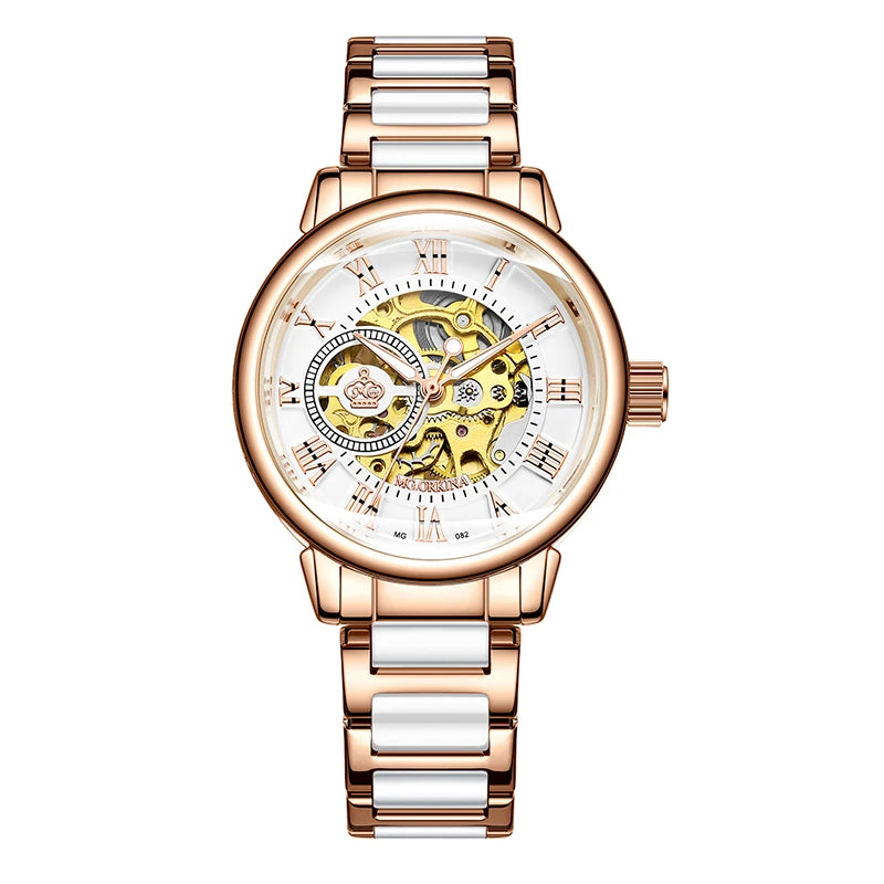 ORKINA Women Watch Automatic Mechanical Skeleton Chic Rose Gold Lady Wristwatch in Mesh Stainless Steel Bracelet / Leather Strap