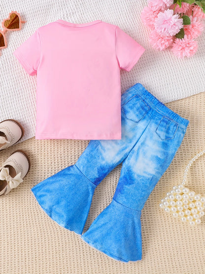 Hot Sale 1-8yrs old kids Girls Pink SASSY MAMA Letter printed short t-shirt+fake jeans puff pants clothes sets for Girls
