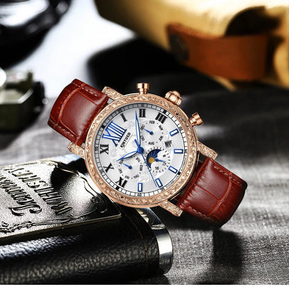 KINYUED Brand Luxury Men's Moon Phase Automatic Mechanical Watch Leather Strap Waterproof Week Date Casual Dress Wrist Watches