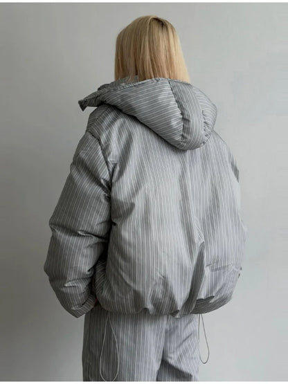 Stripe Women's Padded Cotton Coats Pant Suit Hooded Zipper Puffer Coat Loose Thick Pants 2026 Fashion Lady Autumn Winter Ski Set