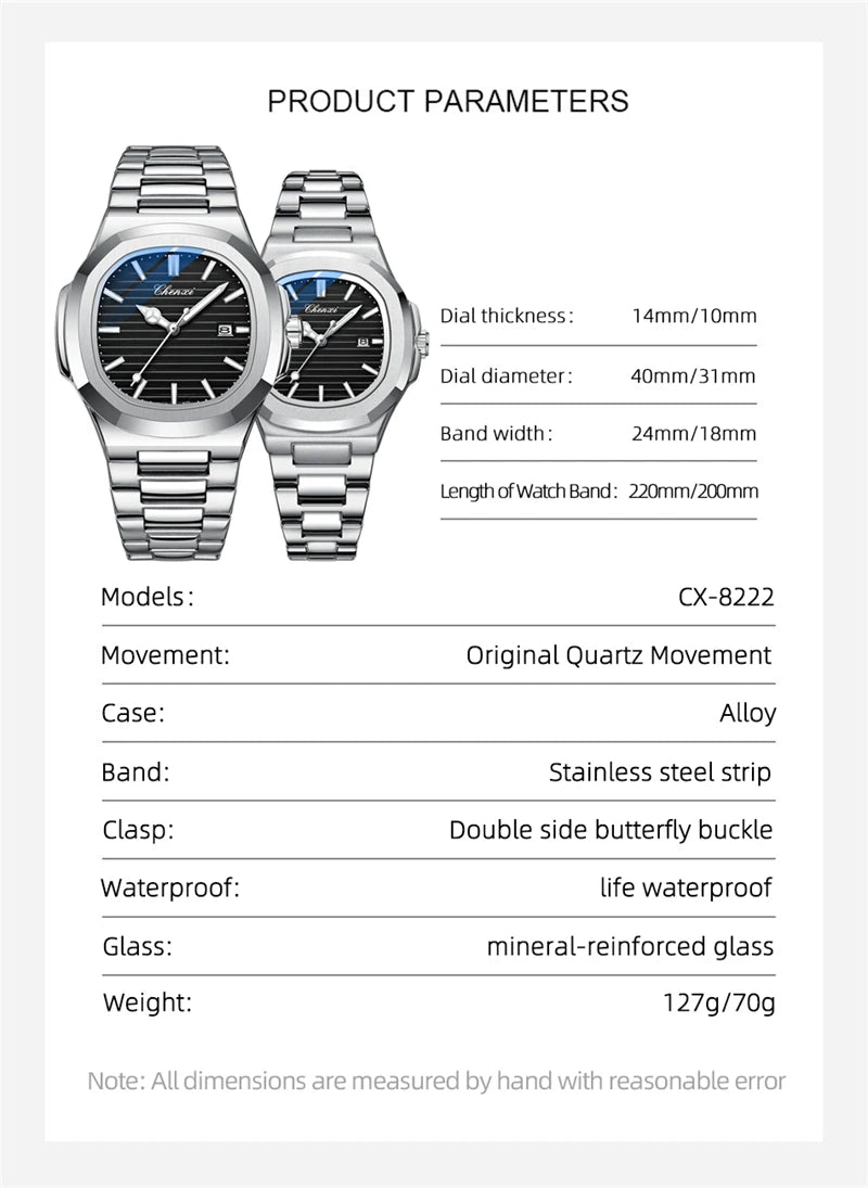 CHENXI 8222 Fashion Couple Quartz Watch Waterproof Night Light Date Stainless Steel Strap Casual Date Men's and Women's Watch
