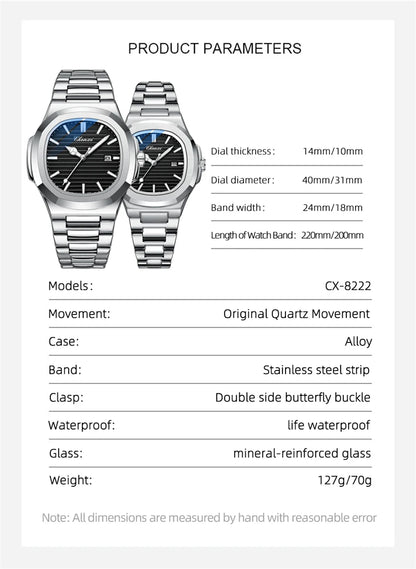 CHENXI 8222 Fashion Couple Quartz Watch Waterproof Night Light Date Stainless Steel Strap Casual Date Men's and Women's Watch