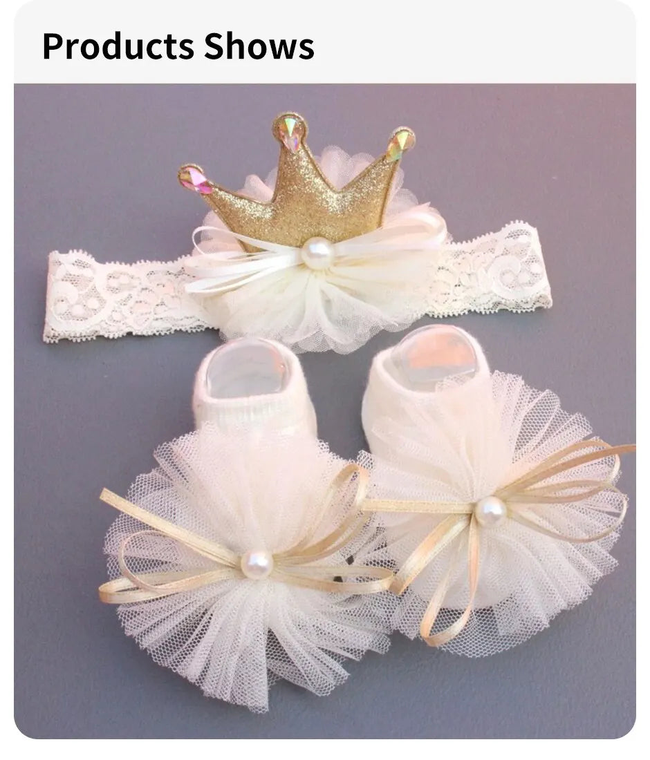 2 Pcs/Set Crown Baby Headband Socks Lace Bows Newborn Infant Girl Socks Hairband Set Kids Hair Accessories