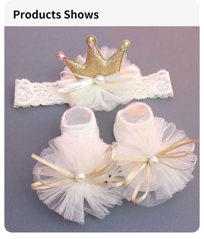 2 Pcs/Set Crown Baby Headband Socks Lace Bows Newborn Infant Girl Socks Hairband Set Kids Hair Accessories