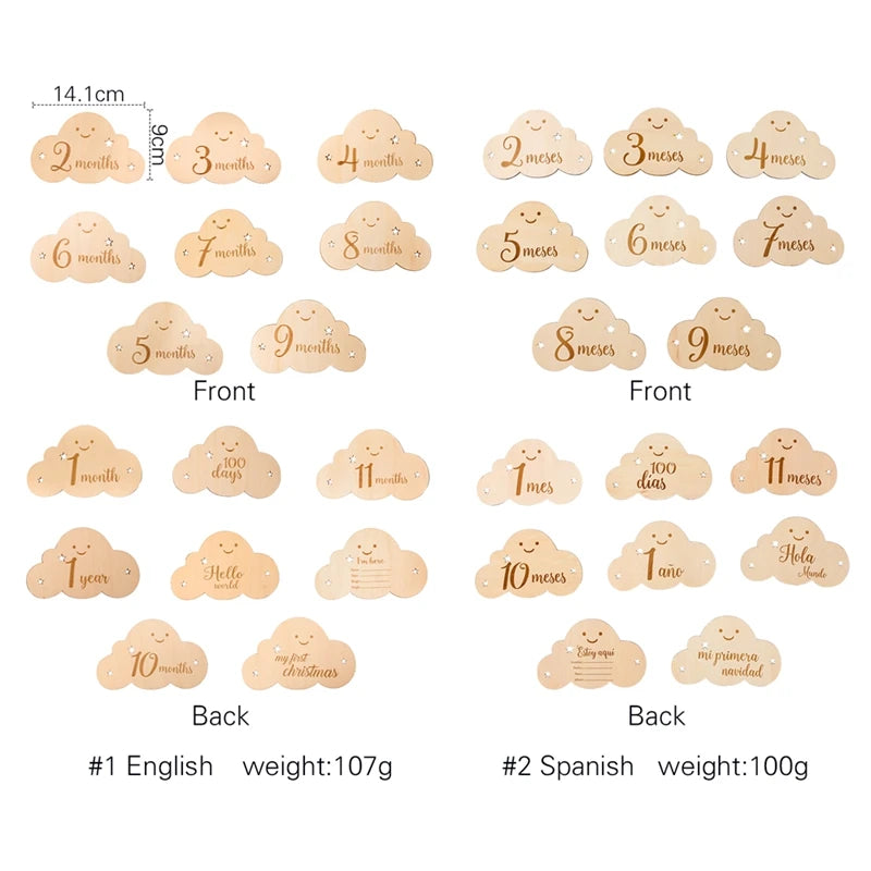 Spanish Alphabet Baby  Wooden Milestone Number Month Memorial Cards Items Cute Cloud Shape Newborn Photography Accessories Props