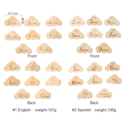 Spanish Alphabet Baby  Wooden Milestone Number Month Memorial Cards Items Cute Cloud Shape Newborn Photography Accessories Props