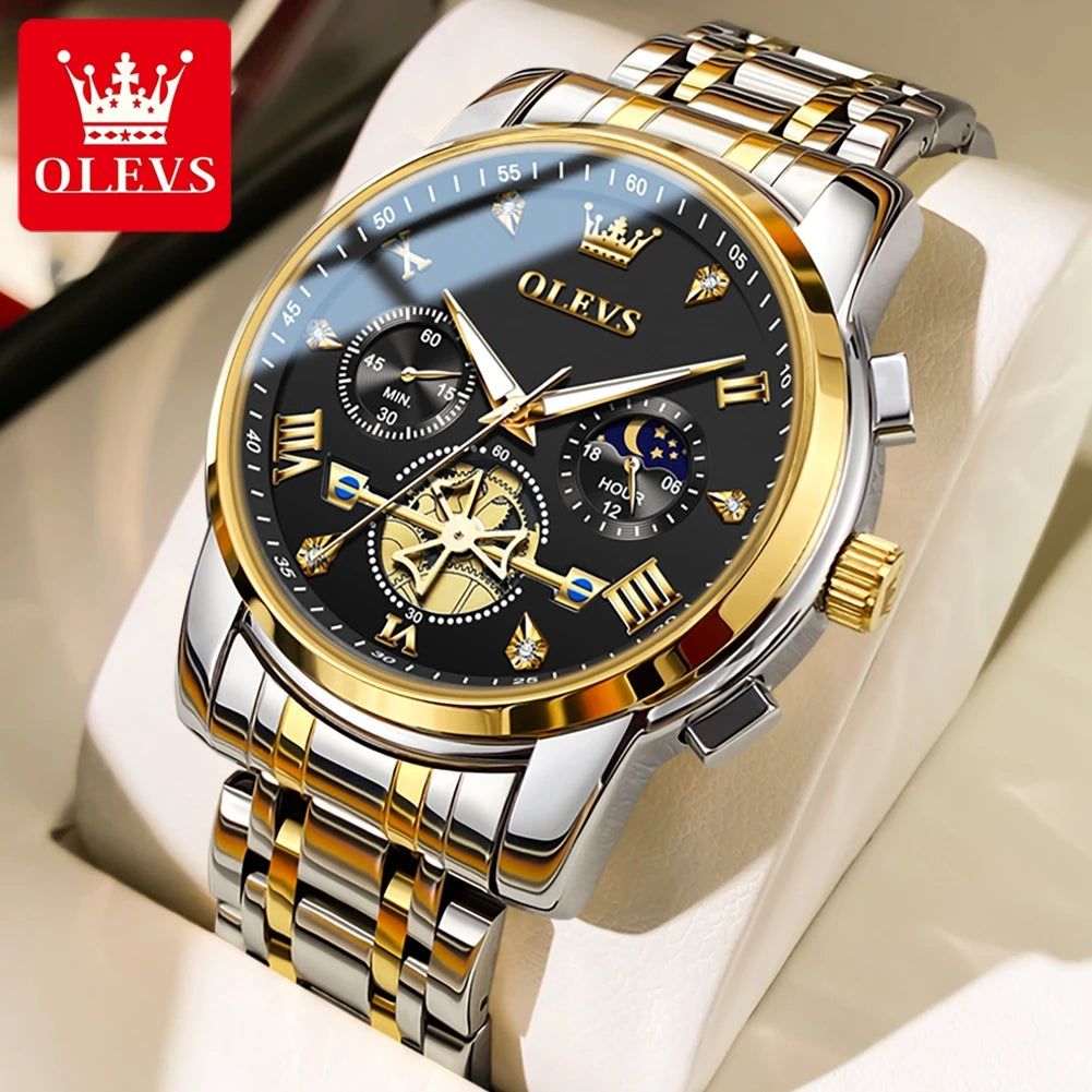 OLEVS Luxury Flywheel Design Couple Wristwatch Chronograph Waterproof Moon Phase Watch Brand Original Quartz Watch for Men Women