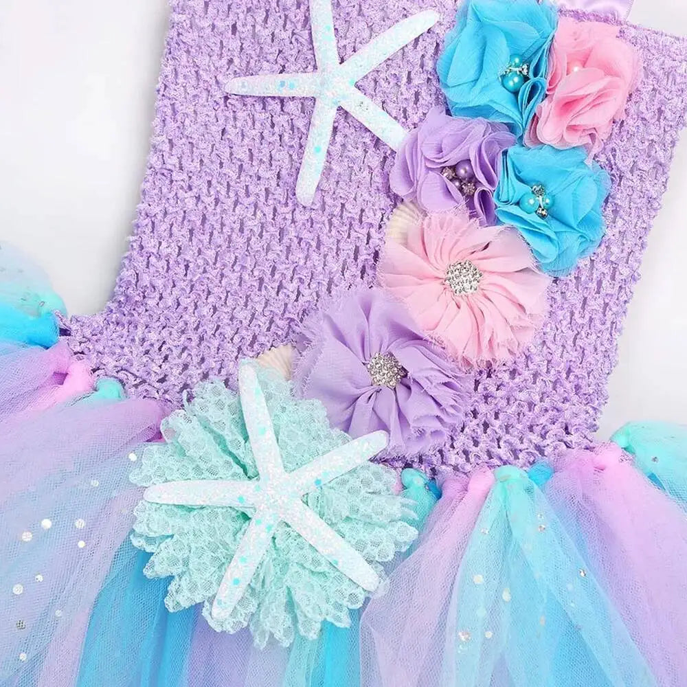 Girls' LED Flashing Mermaid Performance Clothing, Kids' Birthday Beauty Outfit, Fish-Tail Floral Mermaid Princess Tulle Dress