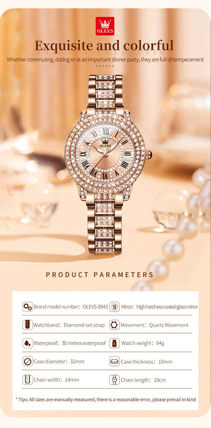OLEVS 9943  Women's Quartz Watches Roman Dial  Diamond Bezel Luxury Elegant Waterproof Ladies Dress Wristwatch