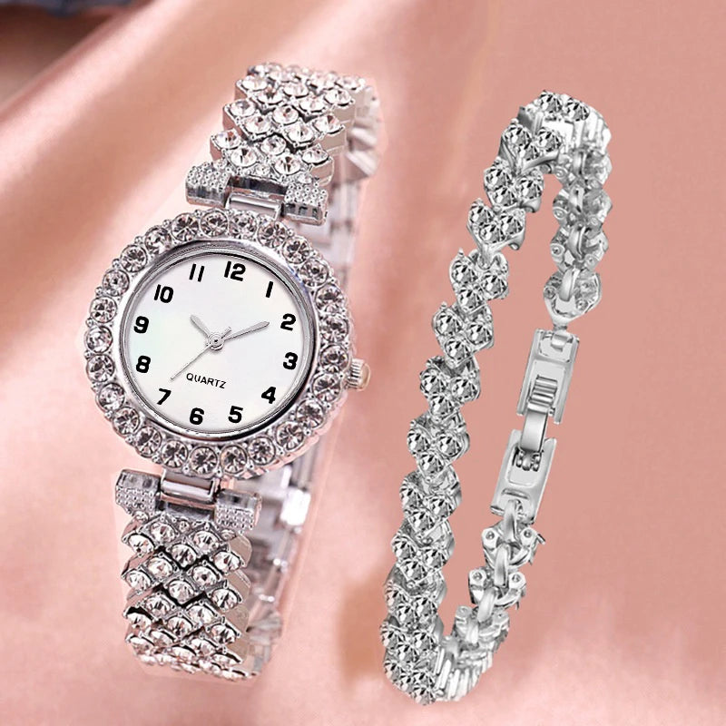 2PCS Luxury Rhinestone Women Watch Bracelet Set Fashion Ladies Quartz Wristwatches Relogio Feminino Reloj Mujer