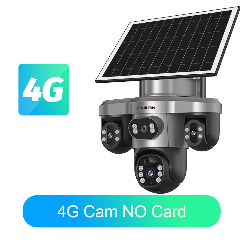 LS VISION Wireless WiFi Solar Camera Three Lens Three Screen 4G Sim Card Solar Cam Human Detection Outdoor Solar Surveillance
