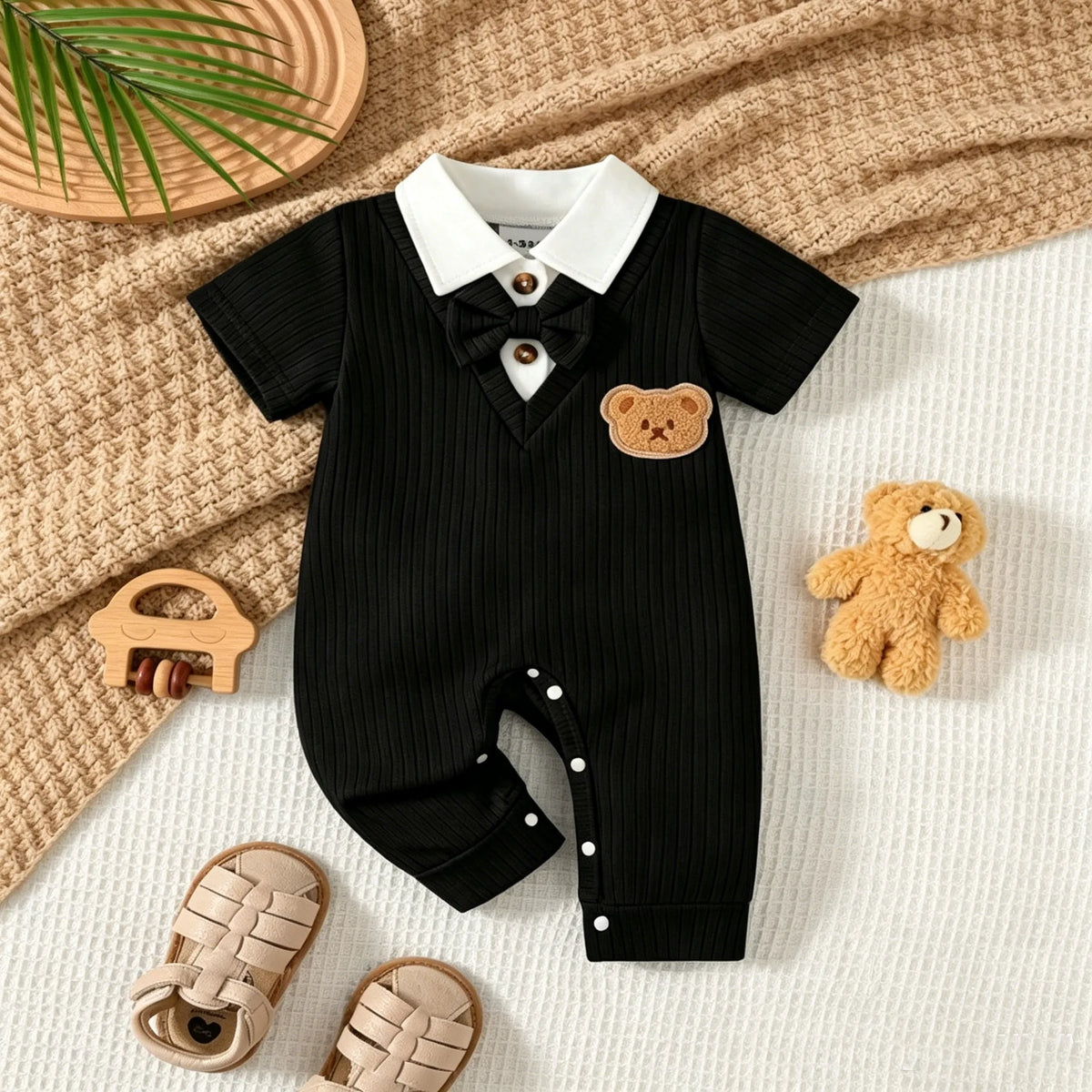 Baby Boy Jumpsuit Lapel Collar and Short Sleeves Suitable for 0-18 Months Baby Boys' Birthday Parties Little Gentleman Jumpsuits