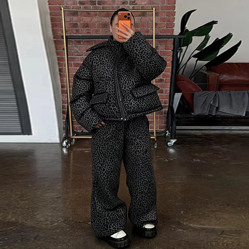 Stripe Women's Padded Cotton Coats Pant Suit Hooded Zipper Puffer Coat Loose Thick Pants 2026 Fashion Lady Autumn Winter Ski Set