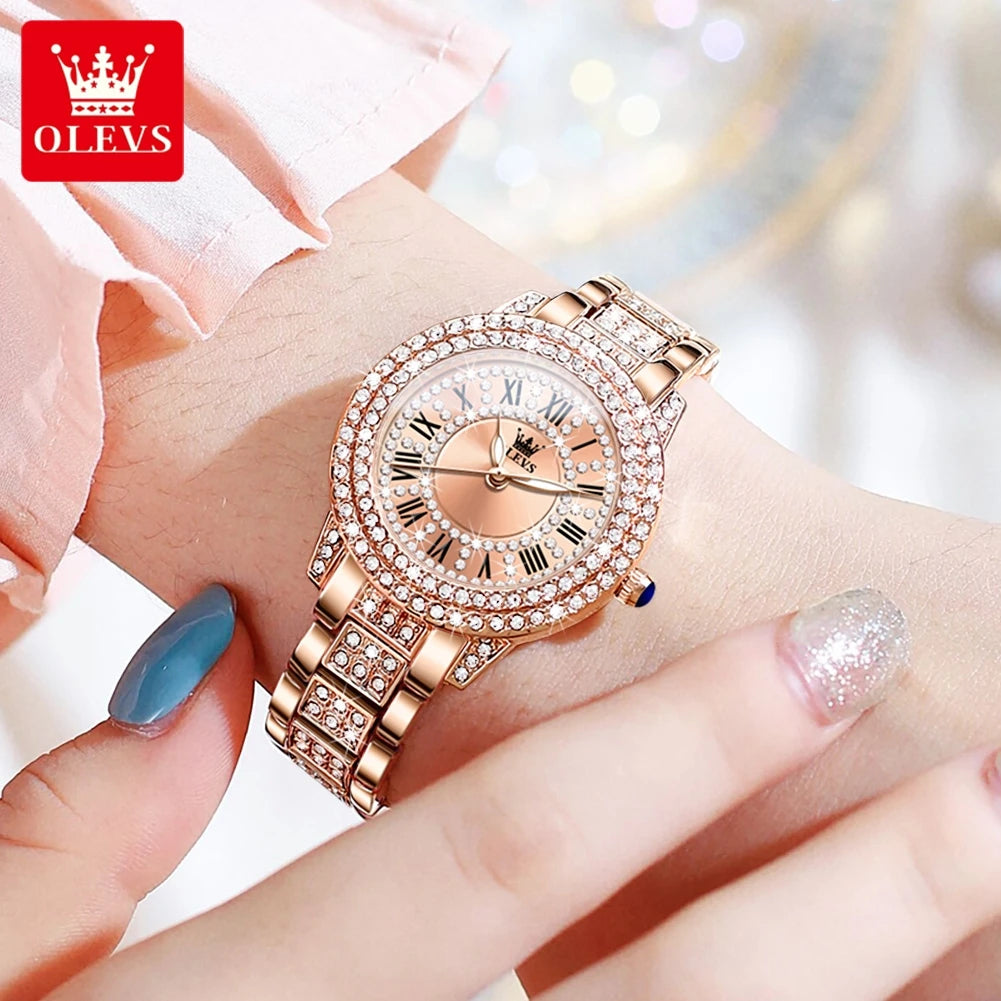 OLEVS 9943  Women's Quartz Watches Roman Dial  Diamond Bezel Luxury Elegant Waterproof Ladies Dress Wristwatch