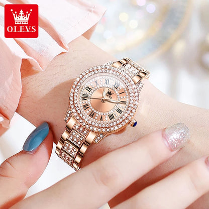 OLEVS 9943  Women's Quartz Watches Roman Dial  Diamond Bezel Luxury Elegant Waterproof Ladies Dress Wristwatch