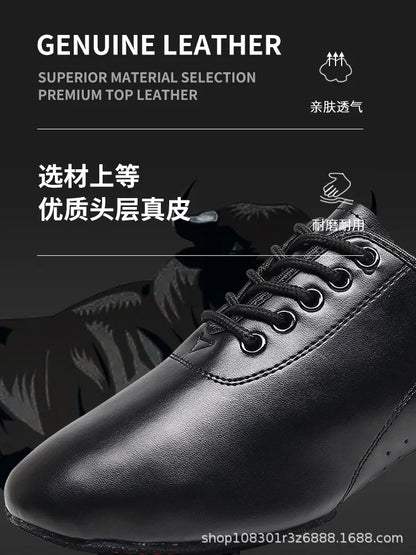 Children Latin Dance Shoes Boy Men Professional Leather Latin Shoes Black Soft Sole Kids Low-heeled Social Modern Dance Shoes
