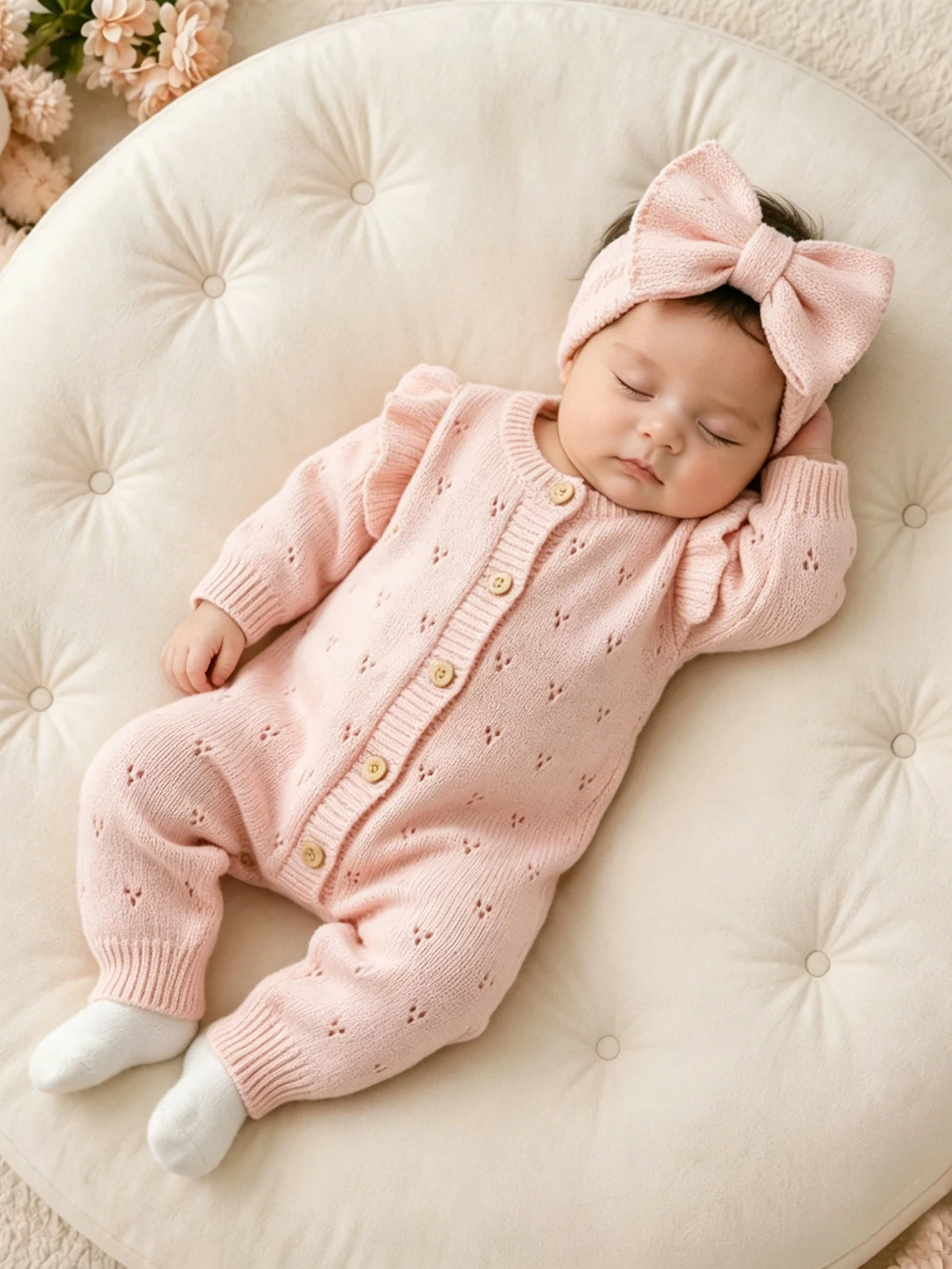 YlsteeeNewborn Baby Girl Knitted Romper Set with Bow Headband, Ruffle Sleeve Heart Knit Jumpsuit for 0-3M Photography Daily Wear