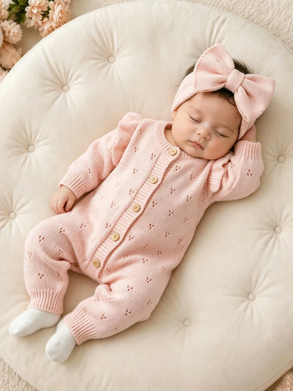 YlsteeeNewborn Baby Girl Knitted Romper Set with Bow Headband, Ruffle Sleeve Heart Knit Jumpsuit for 0-3M Photography Daily Wear