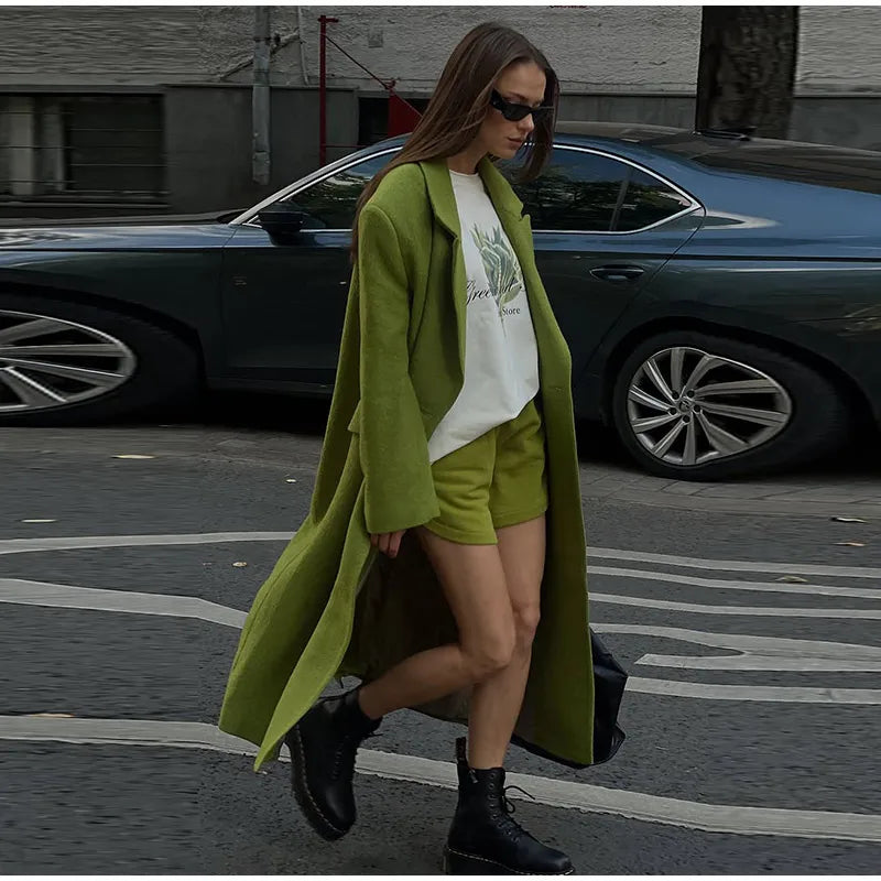 Women Olive Green Oversized Coat Notched Lapel Double Breasted Straight Outerwear Vintage Fall Winter Daily 2026 Office Outfit