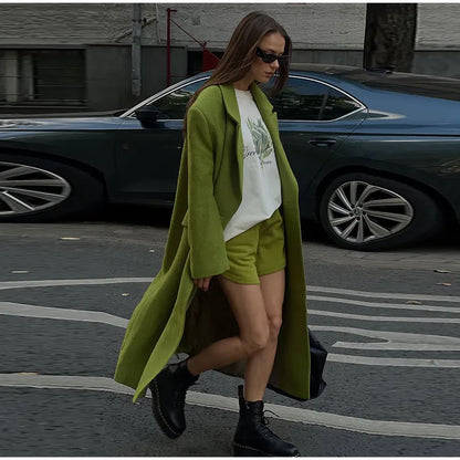 Women Olive Green Oversized Coat Notched Lapel Double Breasted Straight Outerwear Vintage Fall Winter Daily 2026 Office Outfit
