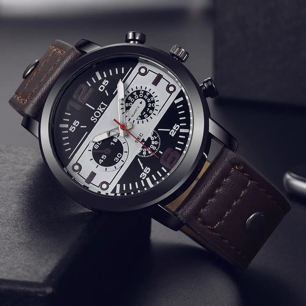 Sleek Men’s Watch Chic Brown Leather Band Quartz Watch Modern Black White Orange Three Eye Contrast Color Chronograph Wristwatch