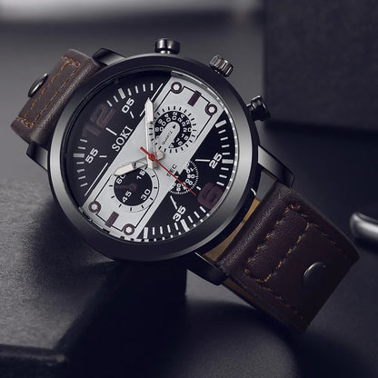 Sleek Men’s Watch Chic Brown Leather Band Quartz Watch Modern Black White Orange Three Eye Contrast Color Chronograph Wristwatch