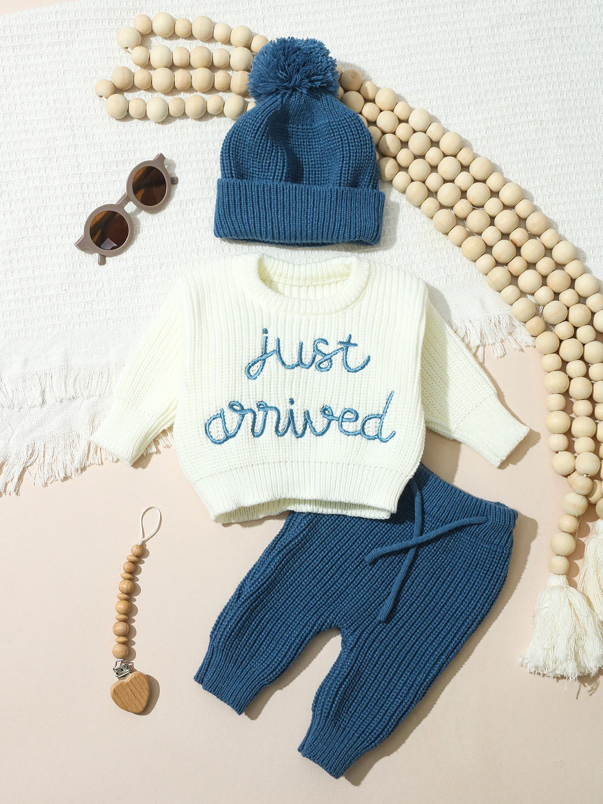 Ylsteed 3 Pcs Set Knitting Newborn Boy Photography Clothes "Just Arrived" Embroidery Khaki Baby Outfits Sweater Baby Shower Gift
