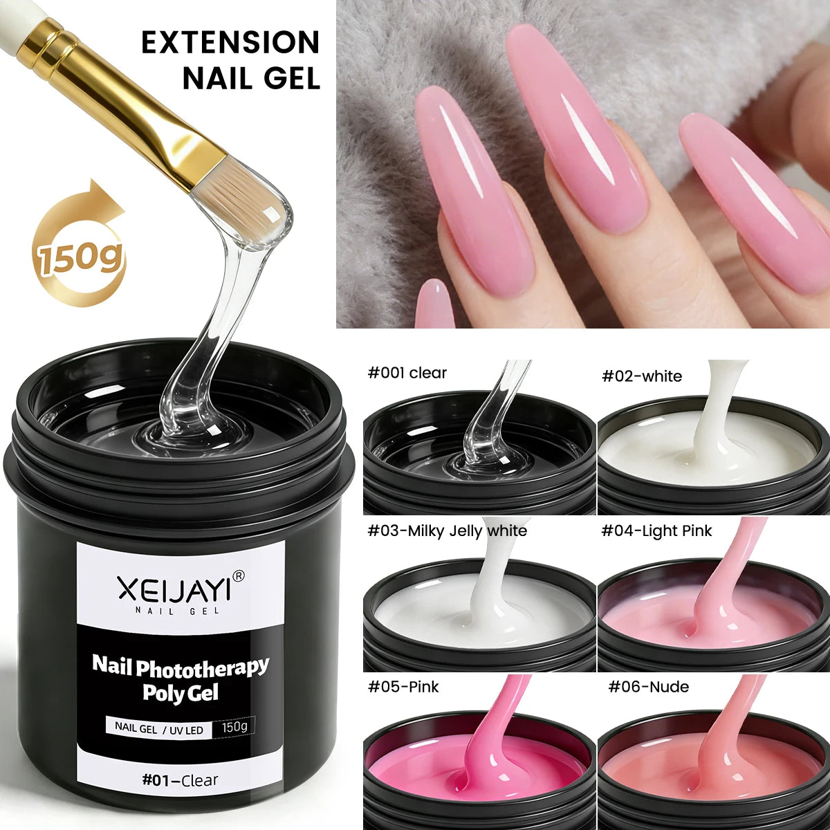 XEIJAYI 150g Poly Nail Gel UV LED Cured Builder Nail Gel Crystal Nail Extension Gel For Nails DIY At Home Salon