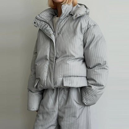 Casual Women's Stripe Set With Hat Full Sleeve Cotton Padded Coat Straight Pants Female Loose Sets 2026 Autumn Winter Lady Suit