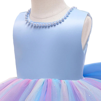 Infant Baby Tulle Backless Pageant Wedding Party Flower Girls Big Bow Dress With Headwear For Toddler Baptism Birthday Prom Gown