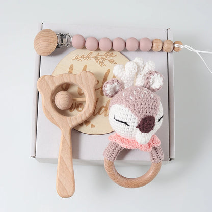 4pcs Newborn Gift Set - Baby Crochet Rattle Pacifier Clip, Teether, - Bunny Teether Elephant Toy Photography Background Set